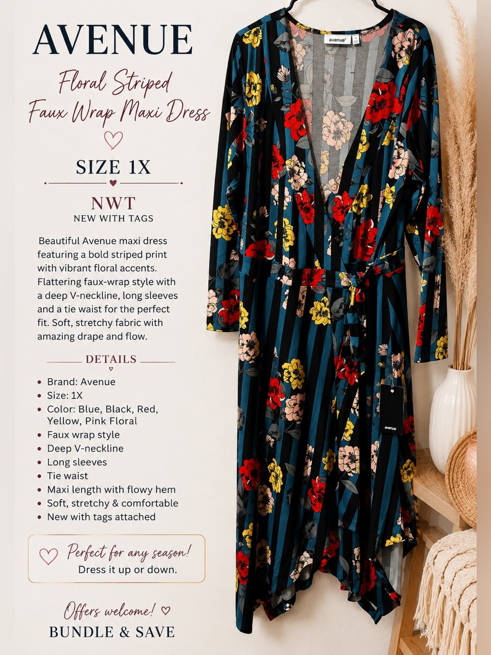 Avenue Floral Striped Faux Wrap Maxi Dress Black & Blue 1X NWT